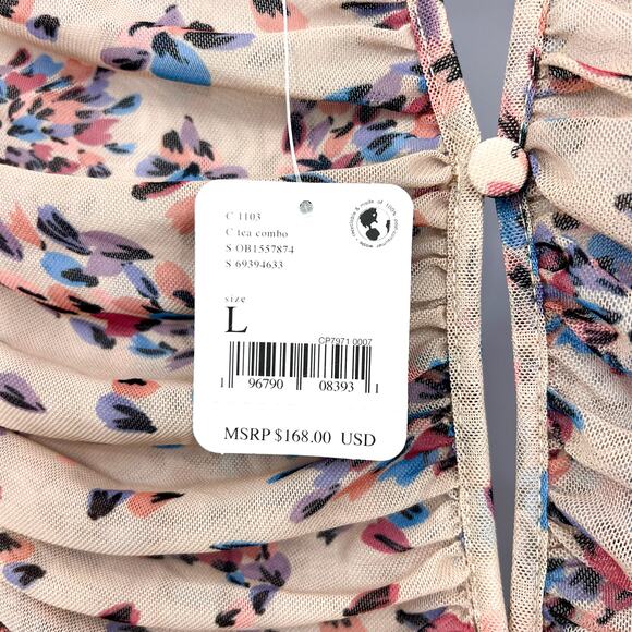 FREE PEOPLE Briella Floral Printed Midi Dress Large Cream Tea Ruched NWT - Picture 13 of 16